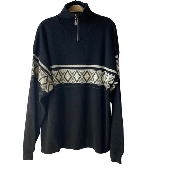 Meister Wool Blend Fair Isle Sweater Men XL Black 1/4 Zip Geometric Aspen Preppy - Picture 1 of 9